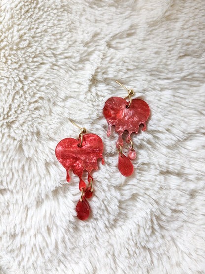 Red Bleeding Heart Acrylic Earrings - Grunge Gothic Glossy Valentines Love Engraved Laser Cut Dangle Stud Statement Jewelry Jewellery