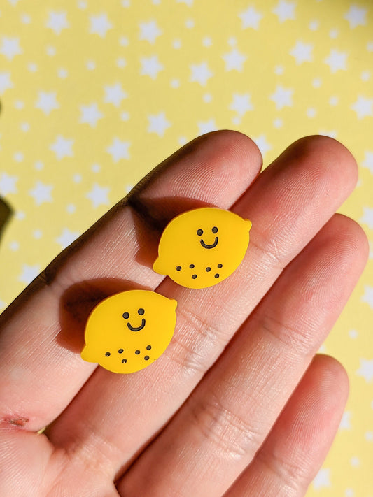 Fruity Lemon Acrylic Stud Earrings - Engraved Yellow Summer Laser Cut Dangle Cute Unique Playful Statement Novelty Jewelry Jewellery