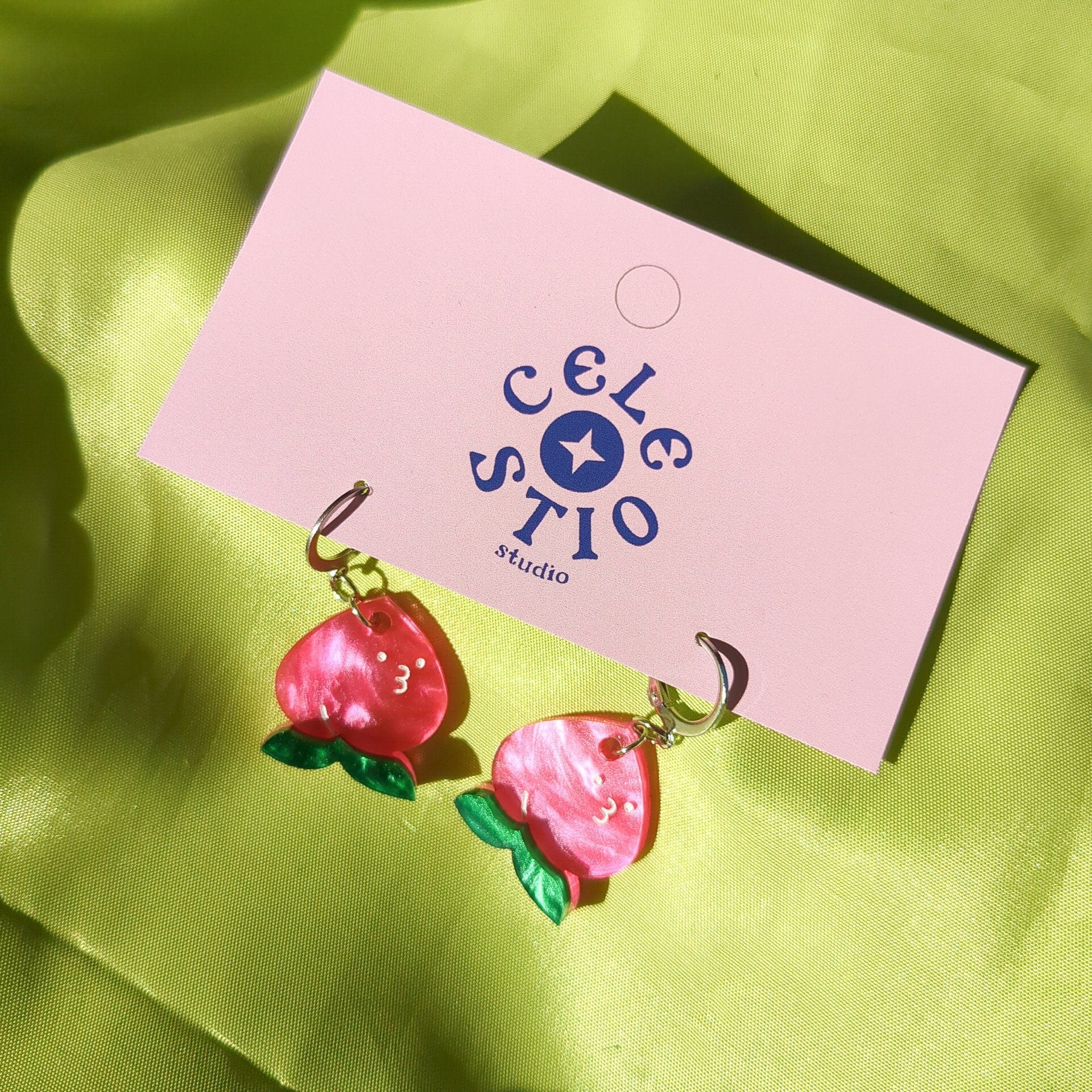 Cheeky Peach Acrylic Stud Earrings - Pink Summer Laser Cut Fruit Tropical Unique Playful Mini Statement Novelty Jewelry Jewellery
