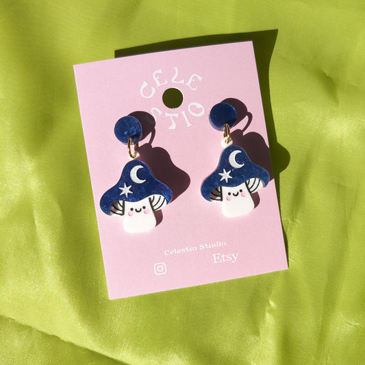 Mini Blue Magic Mushroom Acrylic Earrings - Cute Laser Cut Drop Stud Statement Psychedlic Whimiscal Nature Novelty Jewelry Jewellery Gift