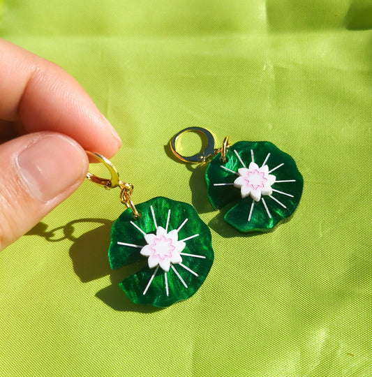 Lily Pad Green Marble Earrings - Acrylic Water Lily Lotus Leaf Engraved Laser Cut Dangle Drop Gold Huggie Statement Jewelry