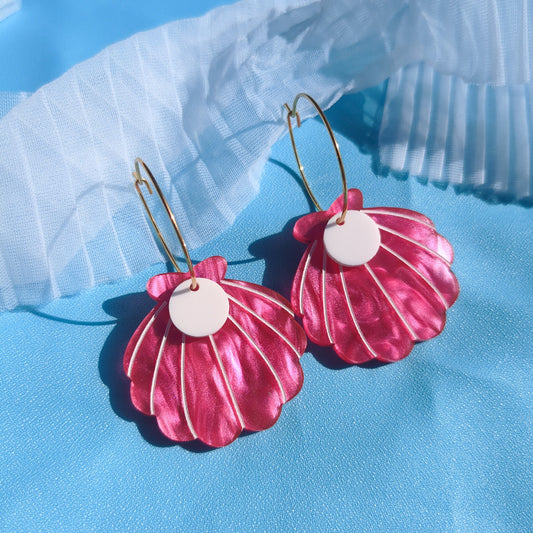 Barbie Hot Pink Shell Earrings - Beach Sea Pearl Retro Laser Cut Marble Acrylic Dangle Stud Movie Fun Novelty Statement Jewelry