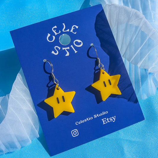 Mario Star Acrylic Earrings - Engraved Yellow Nintendo Video Game Laser Cut Dangle Stud Cute Fun Statement Novelty Jewelry Jewellery