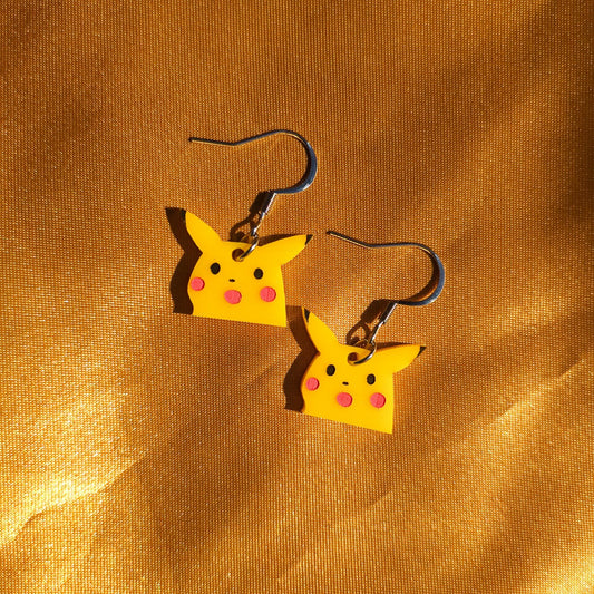 Surprised Pikachu Pokemon Earrings - Yellow Video Game Laser Cut Acrylic Dangle Stud Cute Fun Statement Meme Novelty Mini Jewelry Jewellery