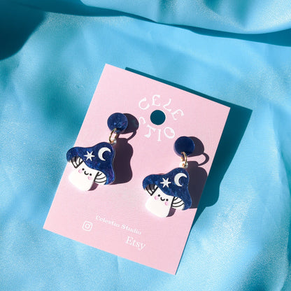 Mini Blue Magic Mushroom Acrylic Earrings - Cute Laser Cut Drop Stud Statement Psychedlic Whimiscal Nature Novelty Jewelry Jewellery Gift