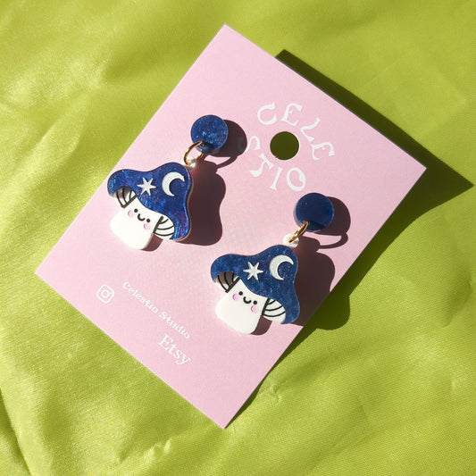 Mini Blue Magic Mushroom Acrylic Earrings - Cute Laser Cut Drop Stud Statement Psychedlic Whimiscal Nature Novelty Jewelry Jewellery Gift